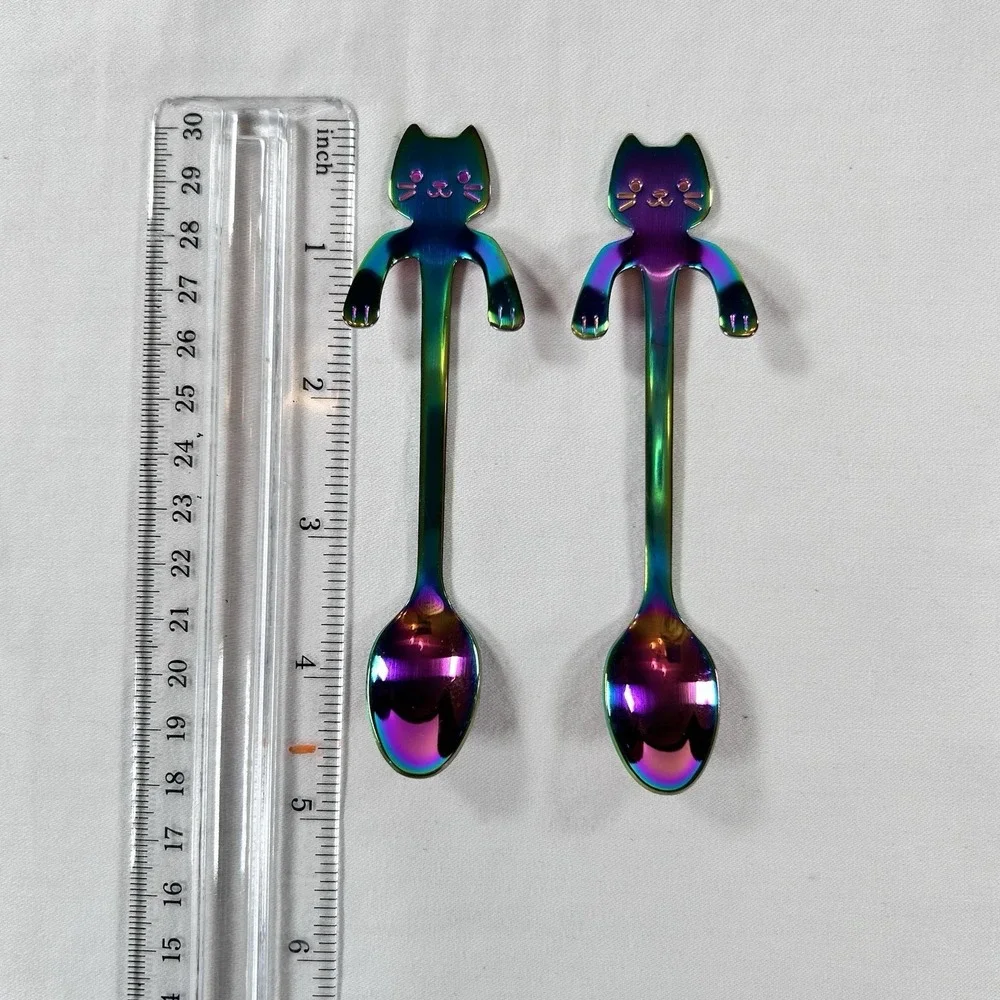 Stainless Steel Coffee Spoon Purple Blue Lovely Cute Cat Shape Teaspoon Dessert
